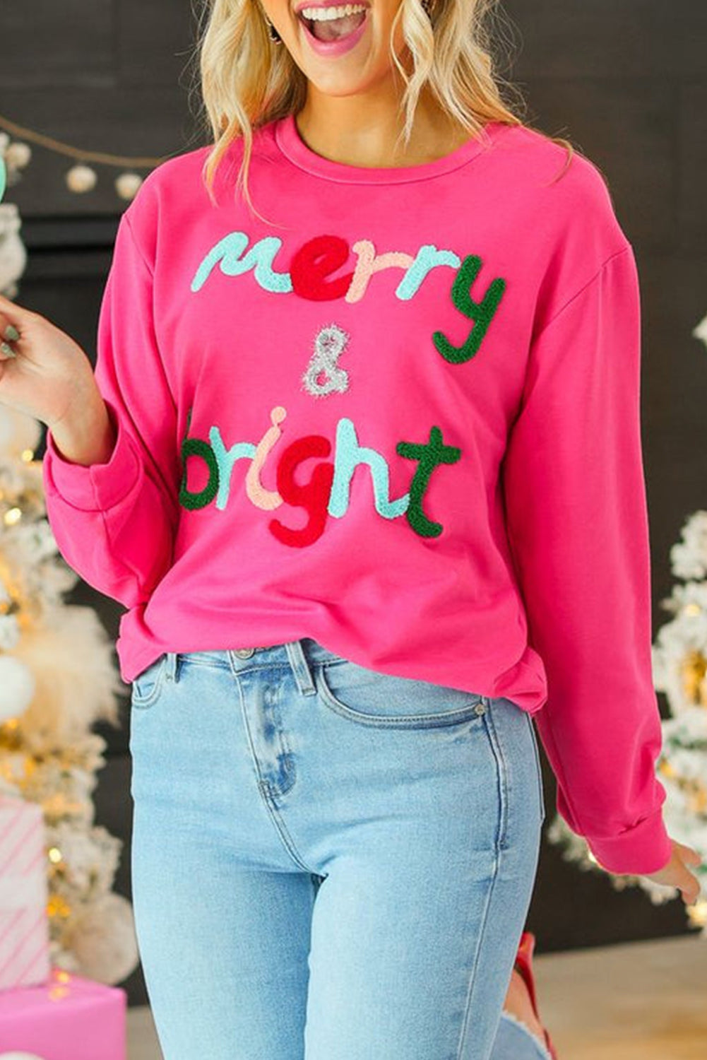 Rose Red Merry & Bright Christmas Letter Graphic Sweatshirt
