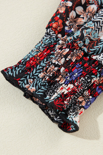 Blue Pale Chestnut Ruffle Tiered Floral Sleeve Crew Neck Blouse