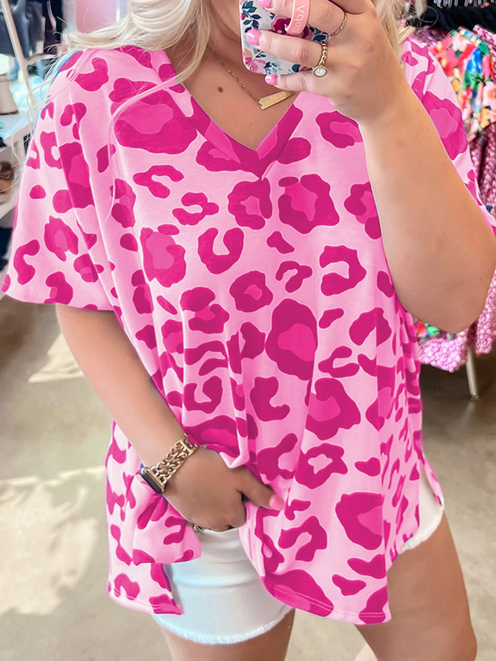 Floral Leopard Print Oversized V-Neck Plus Size T-Shirt