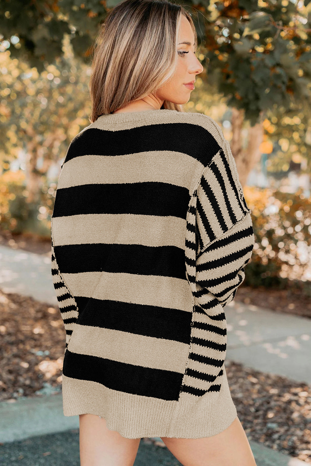 Black Stripe Exposed Seam Drop Shoulder Sleeve Contrast Patchwork Baggy Sweater