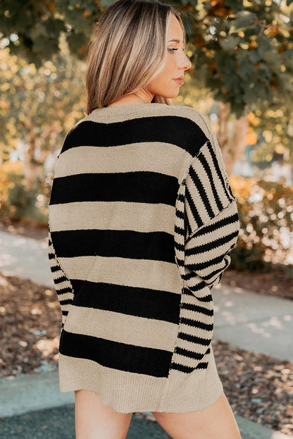 Black Stripe Exposed Seam Drop Shoulder Sleeve Contrast Patchwork Baggy Sweater