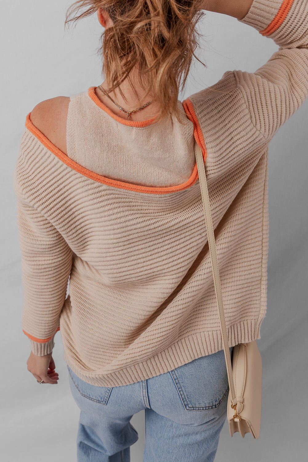 Parchment Contrast Trim Cold Shoulder Patchwork Knit Loose Sweater
