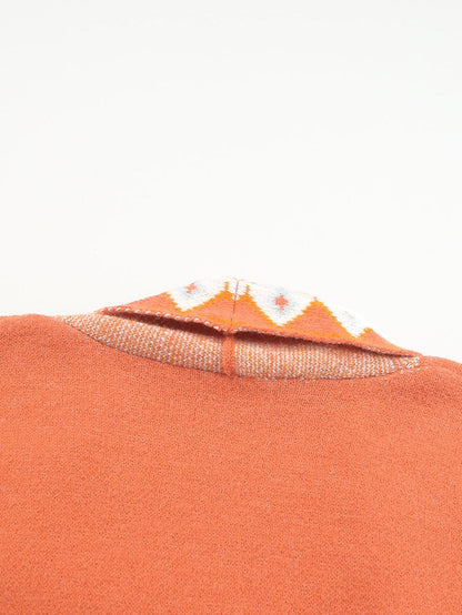 Aztec Print Orange Knit Duster Cardigan with Open Front
