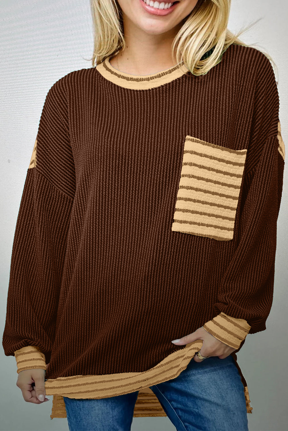 Dark Brown Twisted Ribbed Contrast Round Neck Striped Patchwork Long Sleeve Top