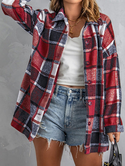 Fiery Orange Plaid Print Button-Up Shirt Jacket