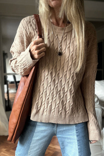 Parchment Drop Shoulder Cable Knit Round Neck Sweater