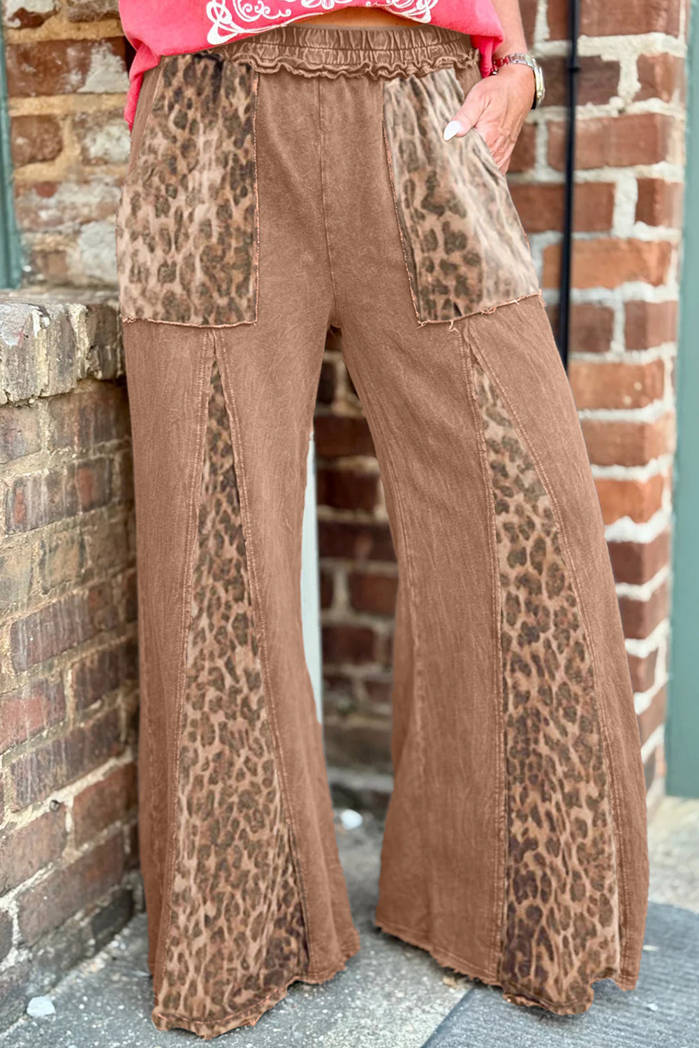 Straw Yellow Mineral Wash Leopard Patchwork Wide Leg Pants