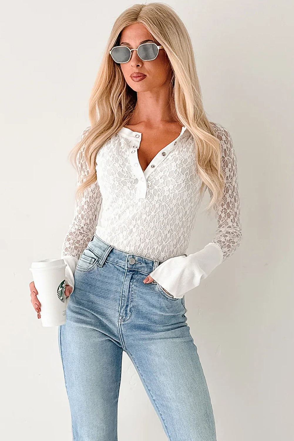 White Sheer Lace Long Sleeve Slim Henley Top
