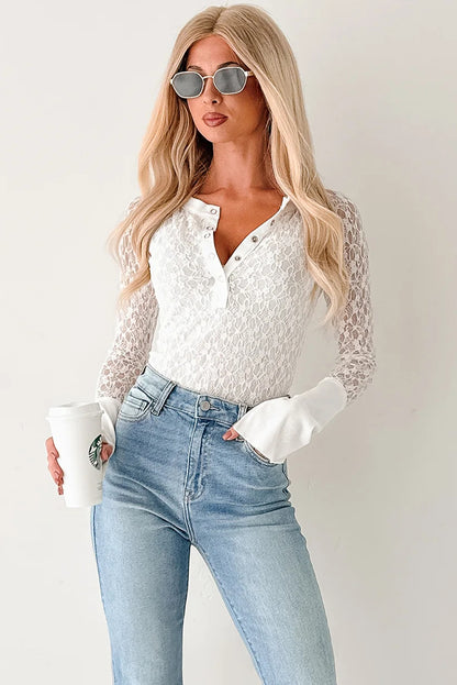 White Sheer Lace Long Sleeve Slim Henley Top