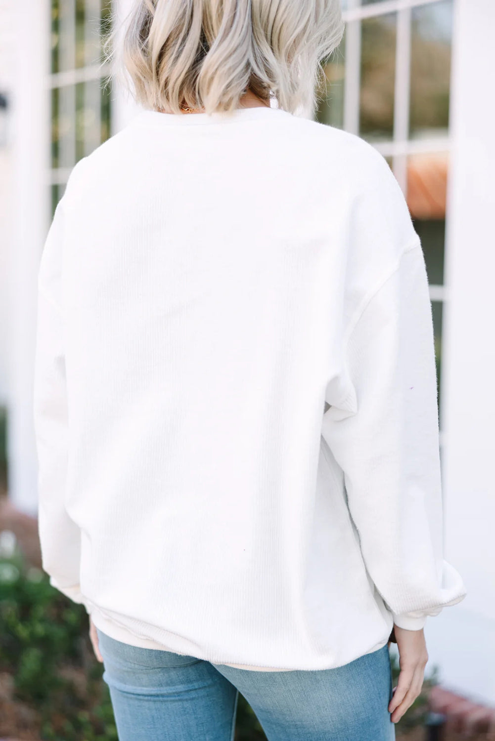 White 3d Ribbed XOXO Heart Embroidered Drop Shoulder Sweatshirt