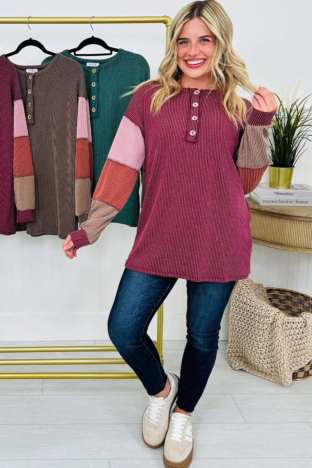Red Dahlia Twisted Ribbed Exposed Seam Color Block Patchwork Long Sleeve Henley Top