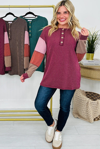 Red Dahlia Twisted Ribbed Exposed Seam Color Block Patchwork Long Sleeve Henley Top