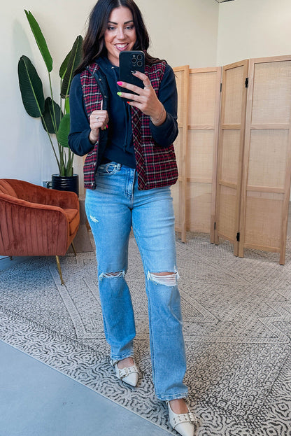 Green Retro Plaid Snap Button Zip Up Winter Vest