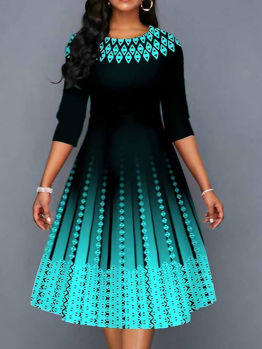 Women's Dress - Work Dress Swing Dress Church Dress Midi Dress Red Royal Blue Blue 3/4 Length Sleeve Print Print Summer Spring Crew Neck Elegant 2023 S M L XL XXL 3XL 4XL 5XL