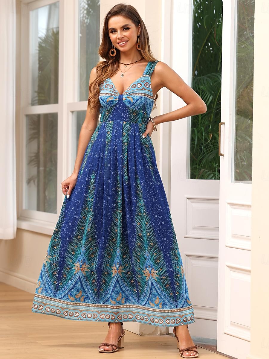 Women's Chiffon A Line Dress Slip Dress Print V Neck Maxi Dress Boho Date Vacation Sleeveless Summer
