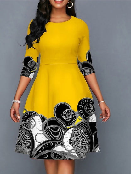 Women's Dress - Casual Dress Church Dress Midi Dress Black Yellow Pink Long Sleeve Print Print Winter Autumn Crew Neck Stylish Winter Dress Fall Dress 2023 S M L XL XXL 3XL 4XL 5XL