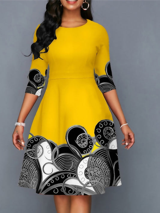 Women's Dress - Casual Dress Church Dress Midi Dress Black Yellow Pink Long Sleeve Print Print Winter Autumn Crew Neck Stylish Winter Dress Fall Dress 2023 S M L XL XXL 3XL 4XL 5XL