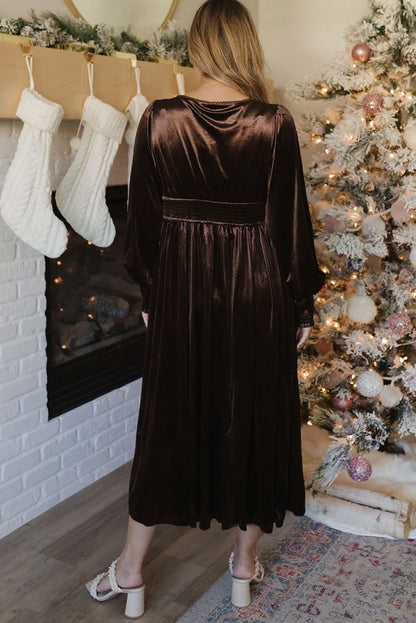 Brown Velvet Embroidered Floral Smocked Sleeve High Waist Midi Dress
