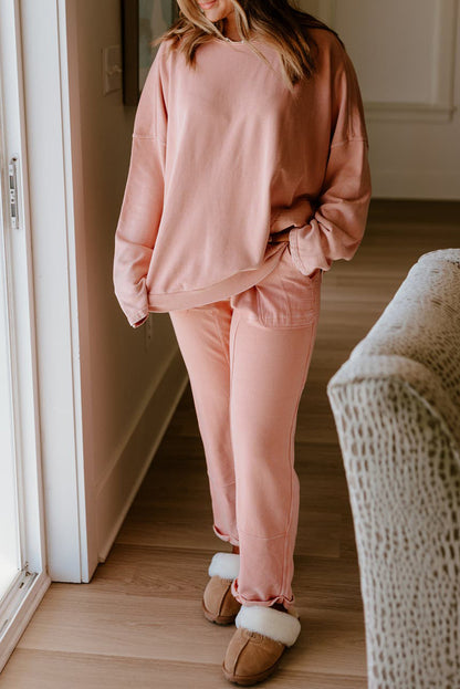 Apricot Pink Exposed Seam Drop Shoulder Pullover Drawstring Pants Lounge 2pcs Set