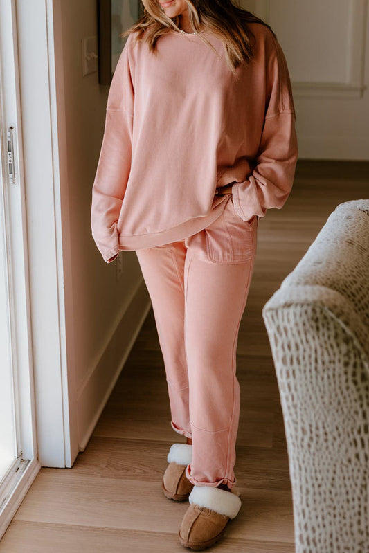 Apricot Pink Exposed Seam Drop Shoulder Pullover Drawstring Pants Lounge 2pcs Set