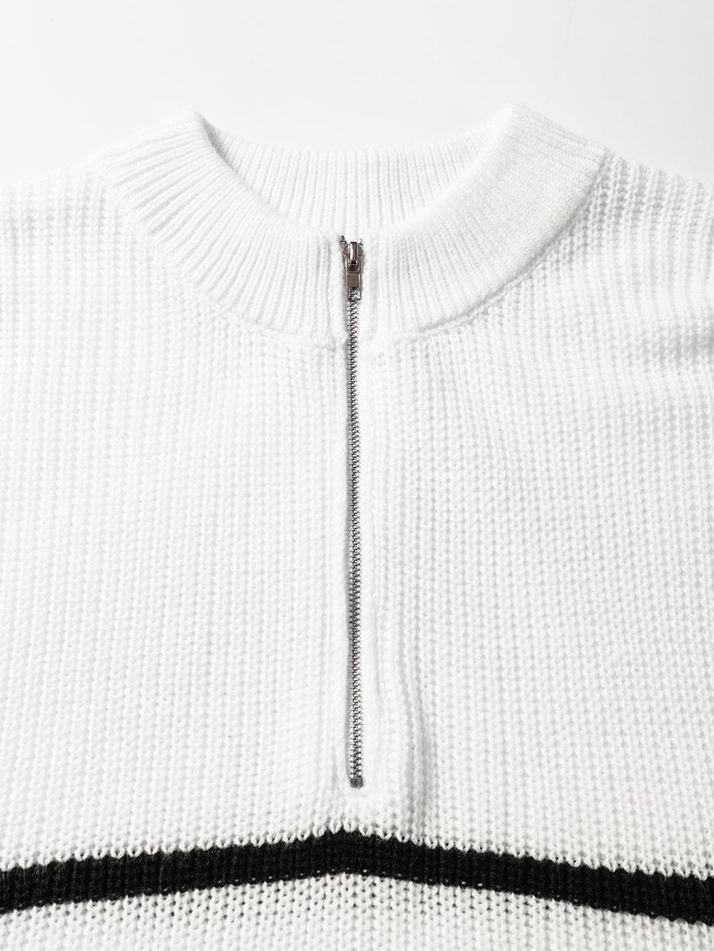 Elegant White Striped Half Zip Stand Neck Sweater Tee