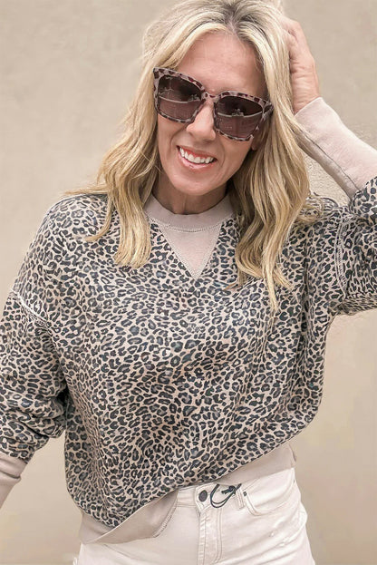 Khaki Leopard Print Color Block Patchwork Drop Shoulder Sweatshirt