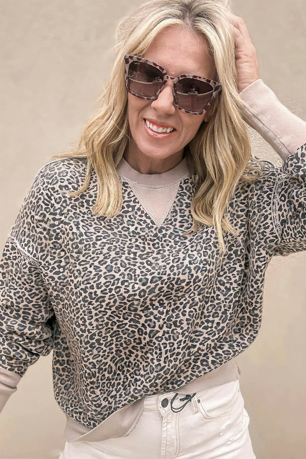 Khaki Leopard Print Patchwork Crew Neck Sweatshirt