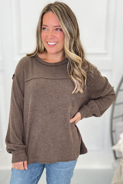 Dark Brown Exposed Seam Detail Ribbed Long Sleeve Top