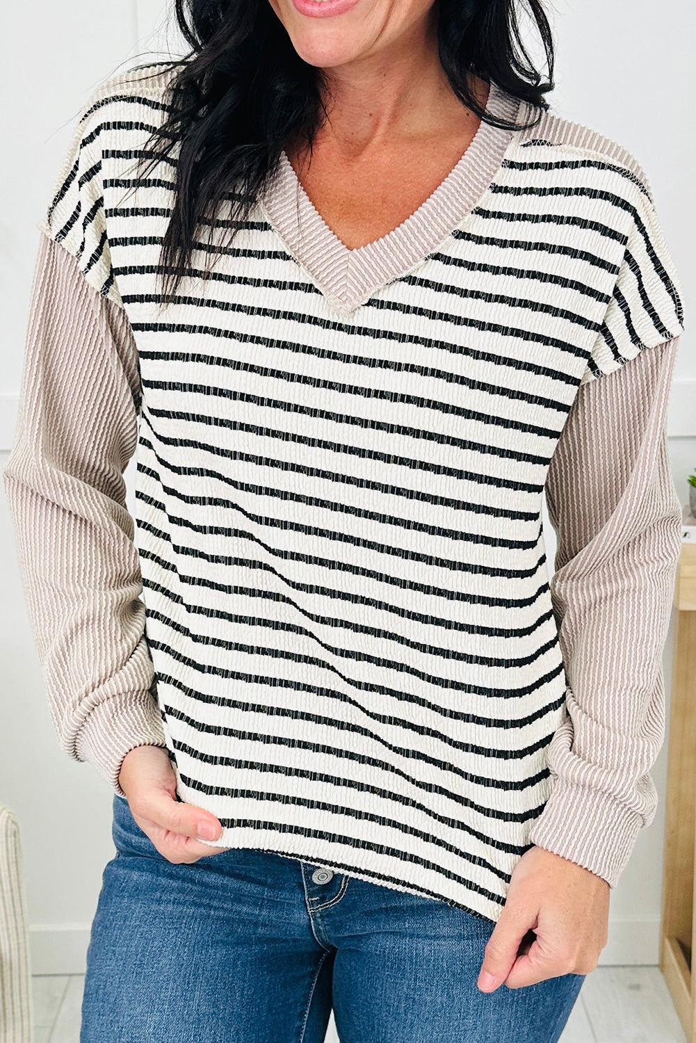 Khaki Twisted Ribbed Mix Striped Patchwork V Neck Long Sleeve Top