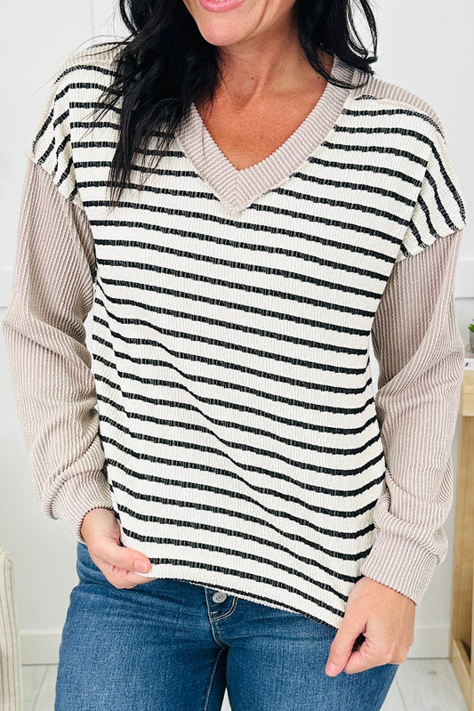 Khaki Twisted Ribbed Mix Striped Patchwork V Neck Long Sleeve Top