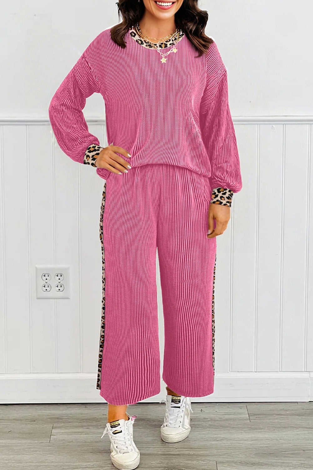 Bright Pink Twisted Rib Texture Leopard Patchwork Detail 2pcs Pant Set