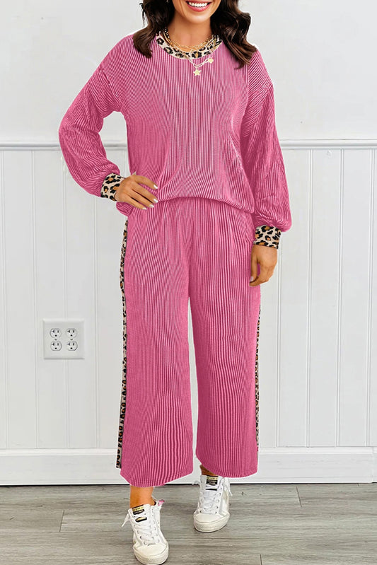 Bright Pink Twisted Rib Texture Leopard Patchwork Detail 2pcs Pant Set