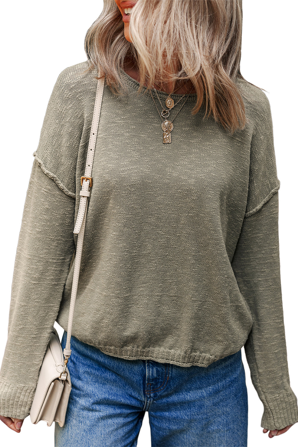 Four Leaf Clover Drop Shoulder Raw Hem Knitted Sweater