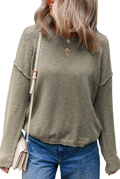 Four Leaf Clover Drop Shoulder Raw Hem Knitted Sweater