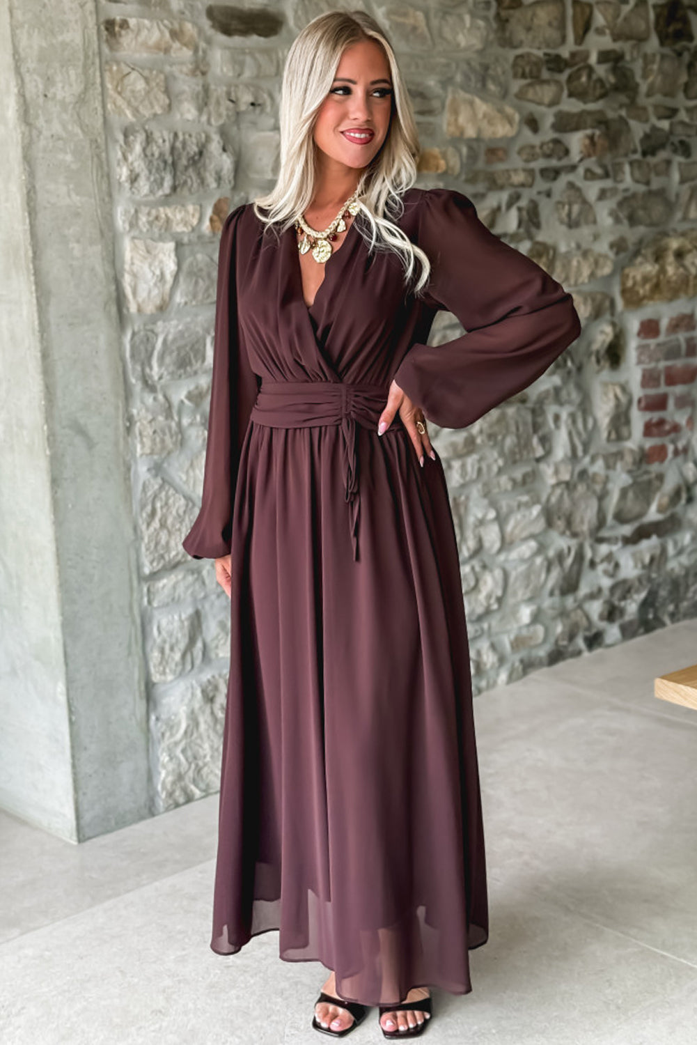 Dark Brown Solid Color Long Sleeve V Neck Pleated High Waist Maxi Dress