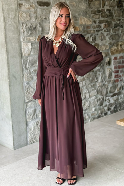 Dark Brown Solid Color Long Sleeve V Neck Pleated High Waist Maxi Dress