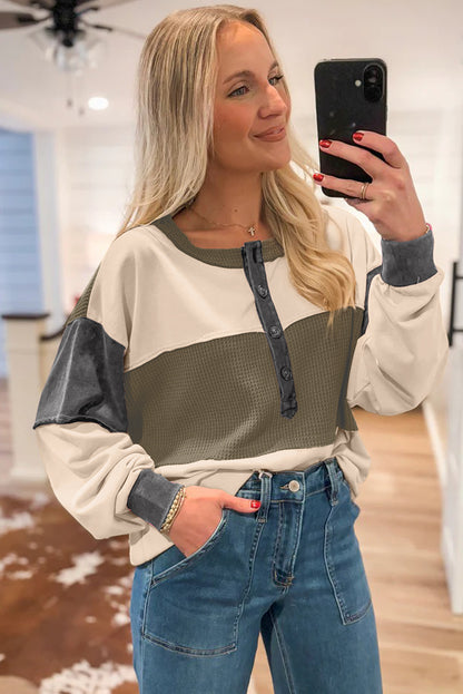 Green Color Block Waffled Patchwork Loose Henley Top