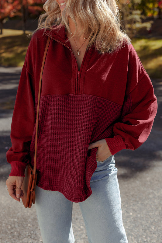Red Dahlia Waffle Knit Patchwork Half Zipped Casual Sweatshirt