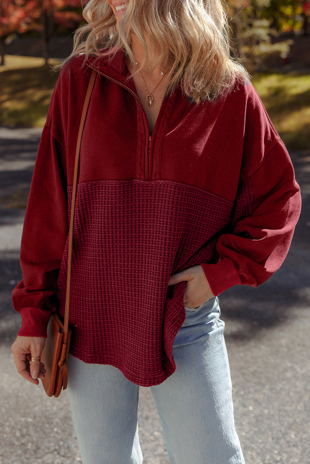 Red Dahlia Waffle Knit Patchwork Half Zipped Casual Sweatshirt