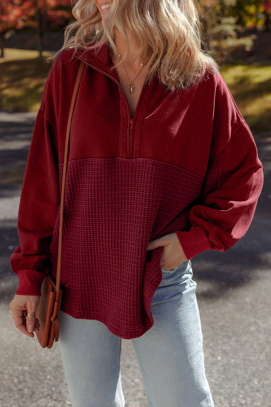 Red Dahlia Waffle Knit Patchwork Half Zipped Casual Sweatshirt