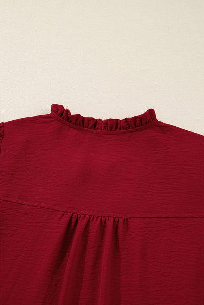Burgundy Notched Neck Shirred Cuff Long Sleeve Blouse