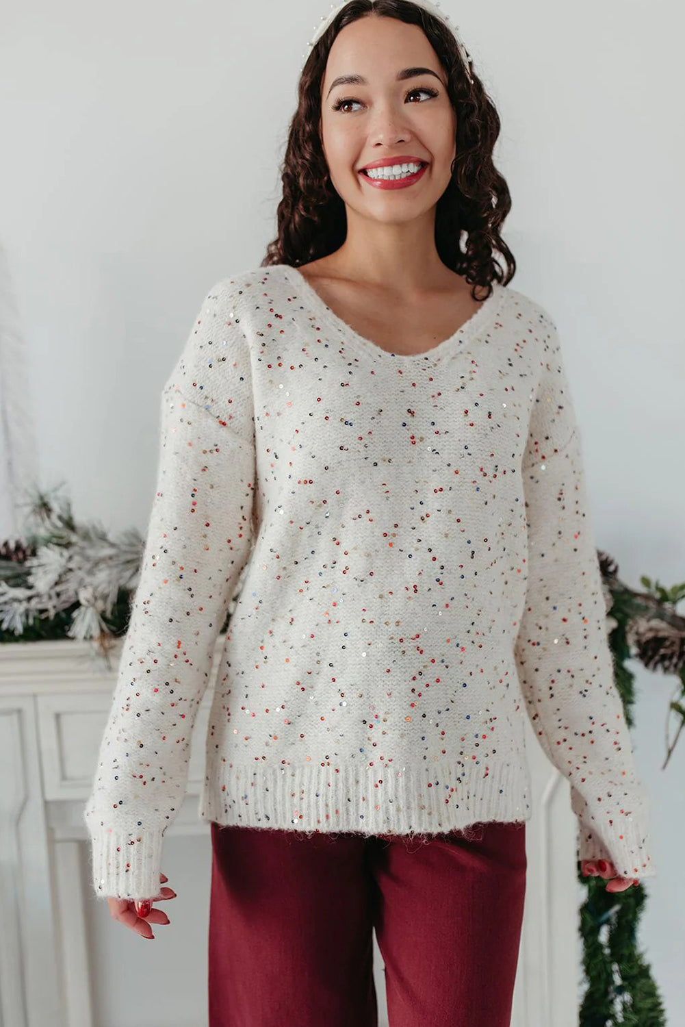White Sequin Confetti V Neck Drop Shoulder Sweater