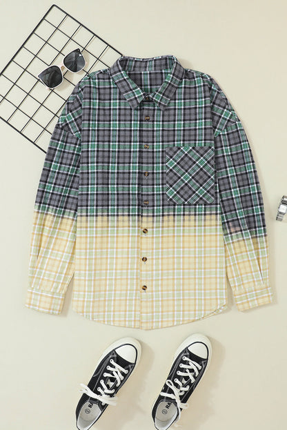 Green Plaid Patchwork Button Up Shacket with Chest Pocket
