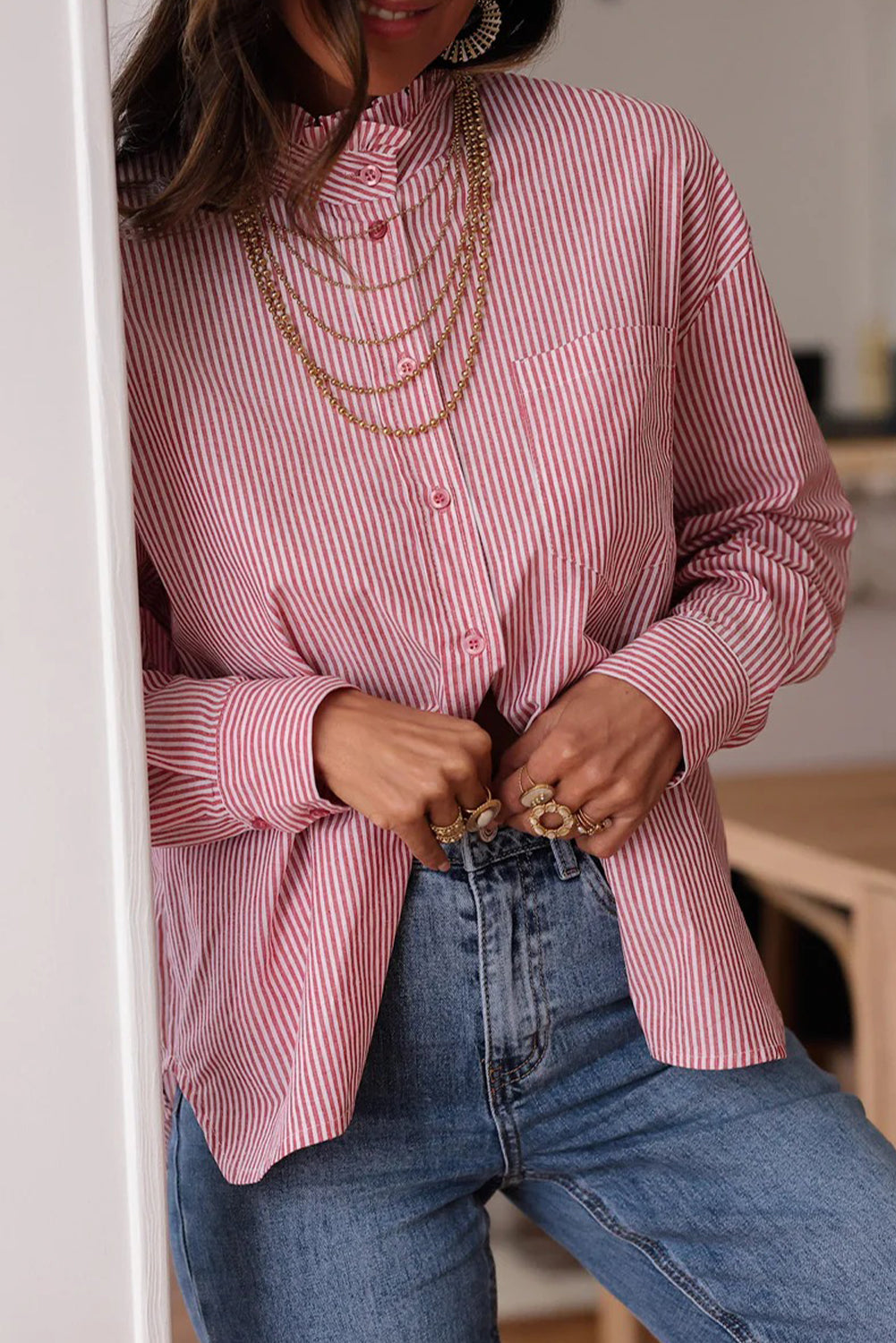 Pink Stripe Frilled Collar Button Down Single Chest Pocket Loose Shirt