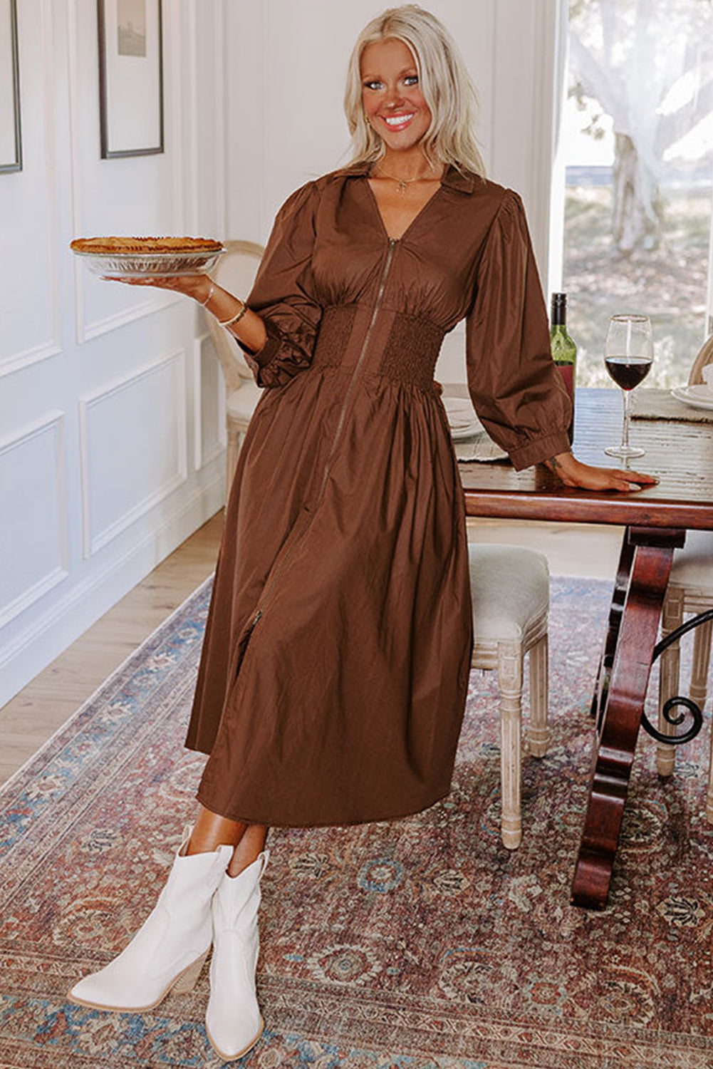 Chestnut Smocked Waist Zipped Front Bracelet Sleeve Fit Flare Midi Dress