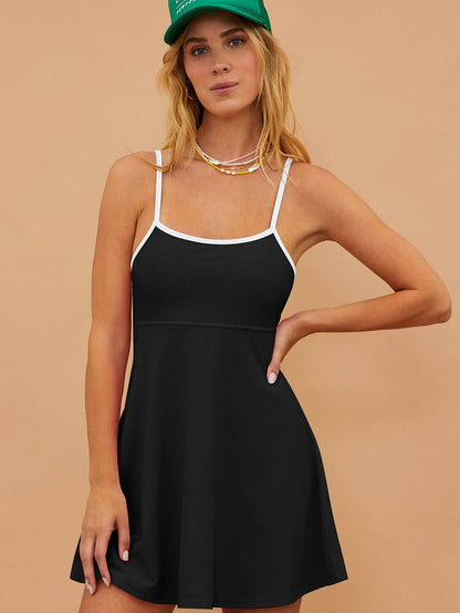 Sporty Black Ribbed Spaghetti Straps Swimdress with Flared Silhouette