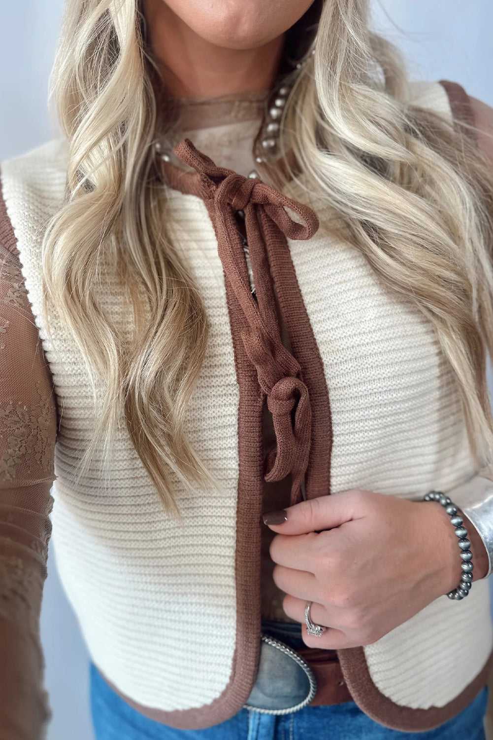 White Horizontal Ribbed Knit Contrast Trim Knot Front Sweater Vest