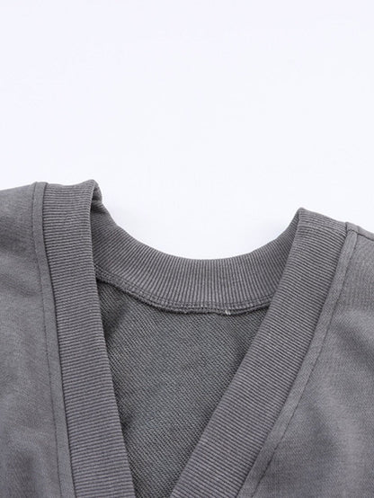 Exposed Seam Twist Gray Oversized Pullover with Open Back