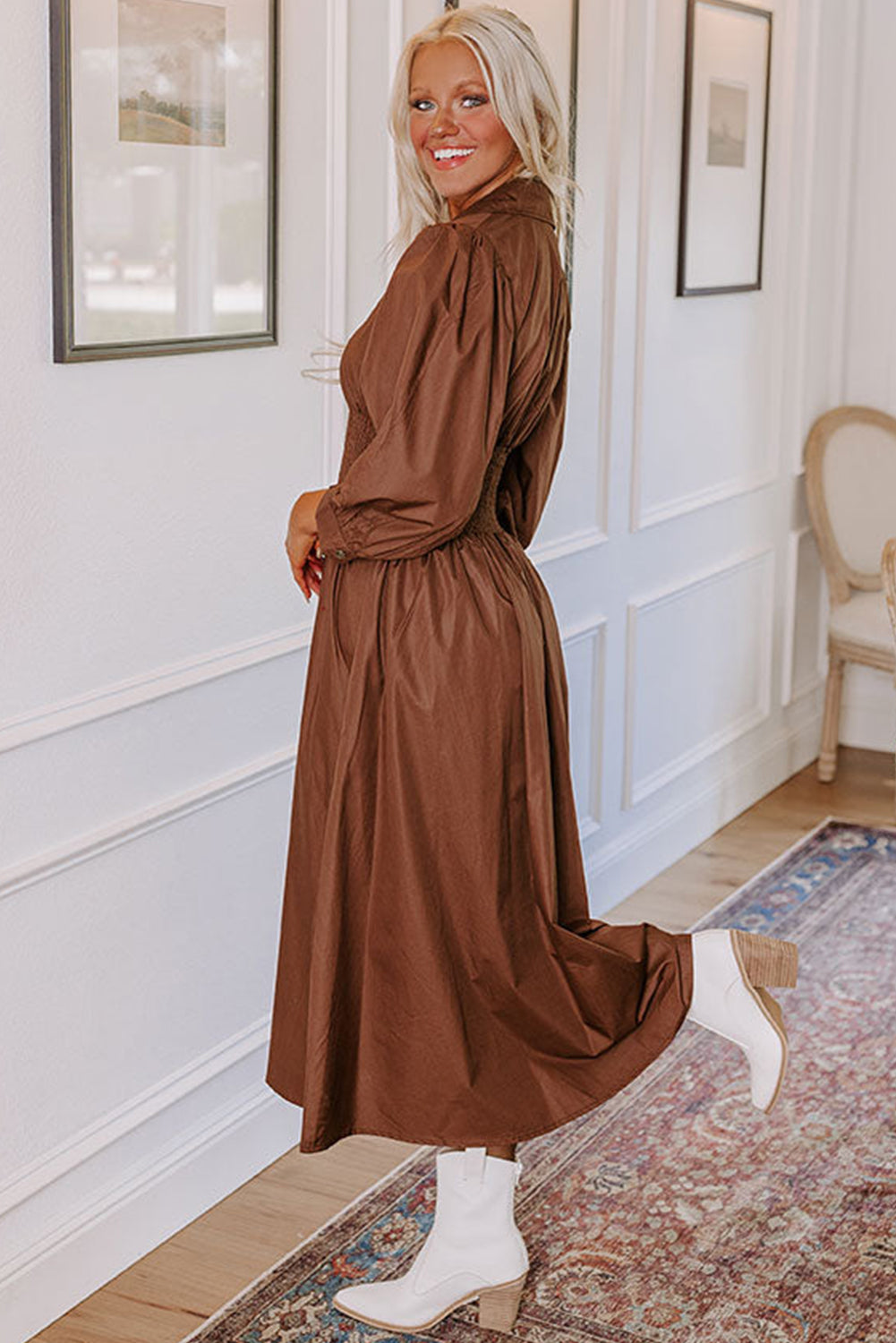 Chestnut Smocked Waist Zipped Front Bracelet Sleeve Fit Flare Midi Dress