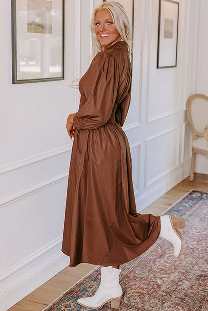 Chestnut Smocked Waist Zipped Front Bracelet Sleeve Fit Flare Midi Dress